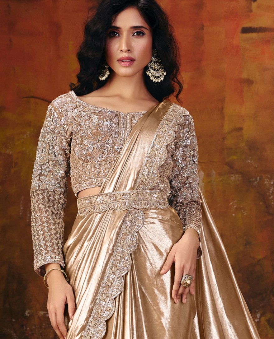 27112 - Mettalic Cream Embroidered Wedding Party Designer Saree